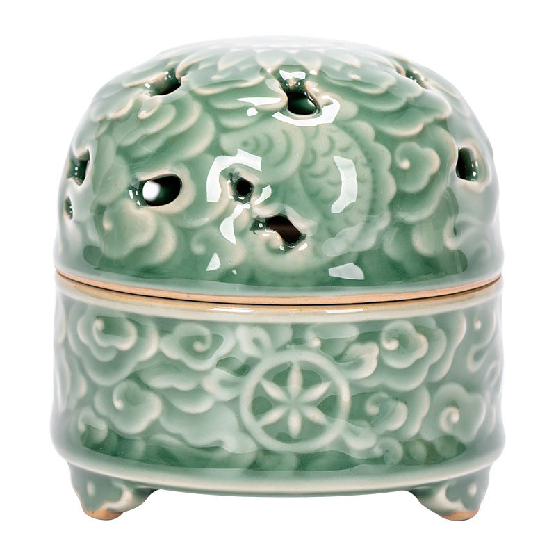 Ceramic Incense Burner with Lid - Embossed Cloud Design, Small Home Decor