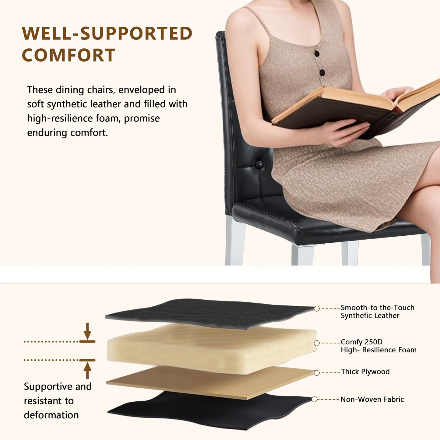 2-pack Black PU Dining Chairs Ergonomic Buckle Backrest, 35 Inches