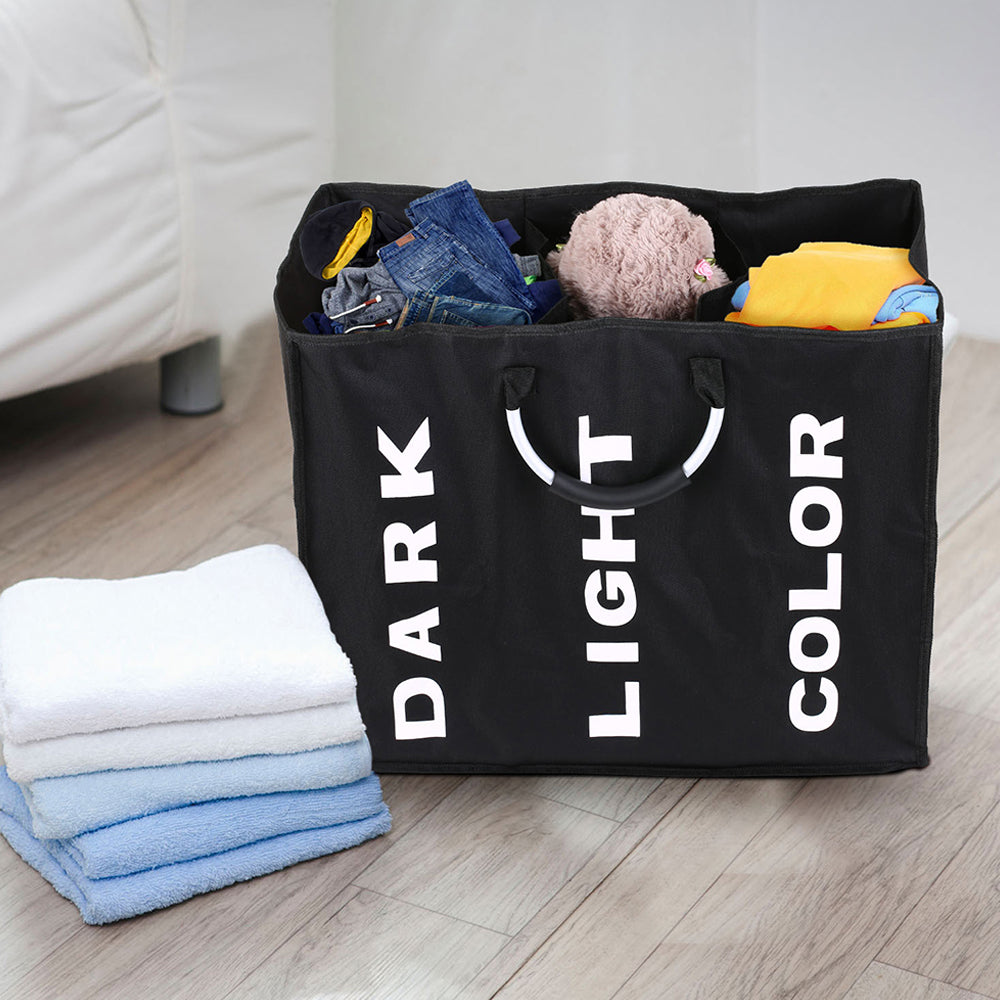 Collapsable 3-section Laundry Bag Foldable Hamper Durable Oxford