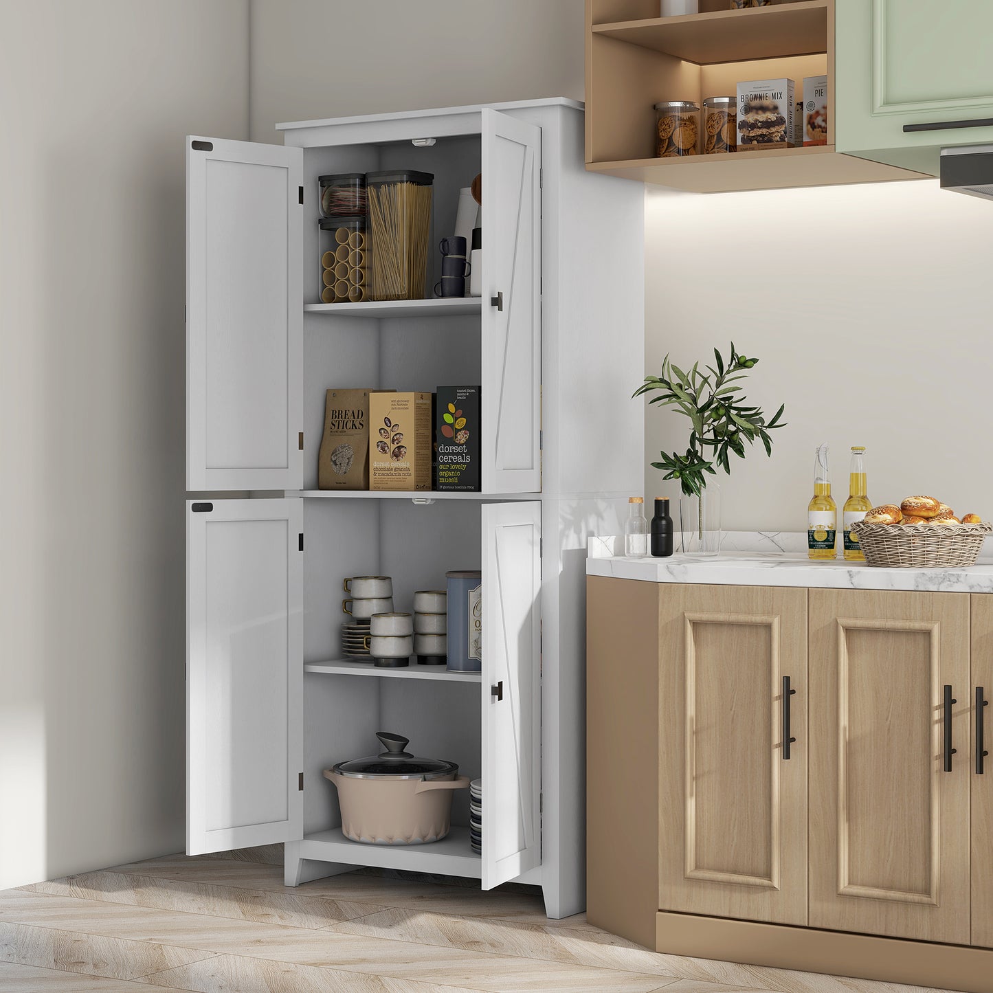 72" Tall Kitchen Pantry Cabinet - Farmhouse Storage with 4 Doors, White