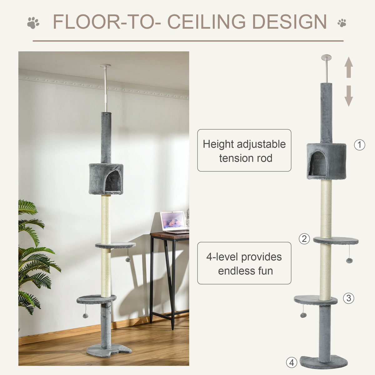 Height-Adjustable Floor-to-Ceiling Cat Tree with Scratching Posts & Toys - Light Grey