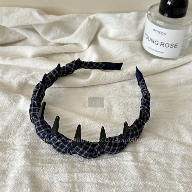 Plaid Toothed Hairband Navy Blue Mixed Material - 1 Piece