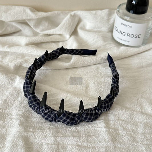 Plaid Toothed Hairband Navy Blue Mixed Material - 1 Piece