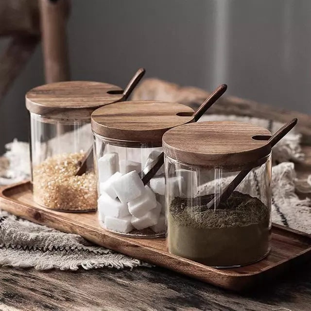 Glass Spice Jar Set with Wooden Lids and Spoon - 3PCS Kitchen Storage Containers