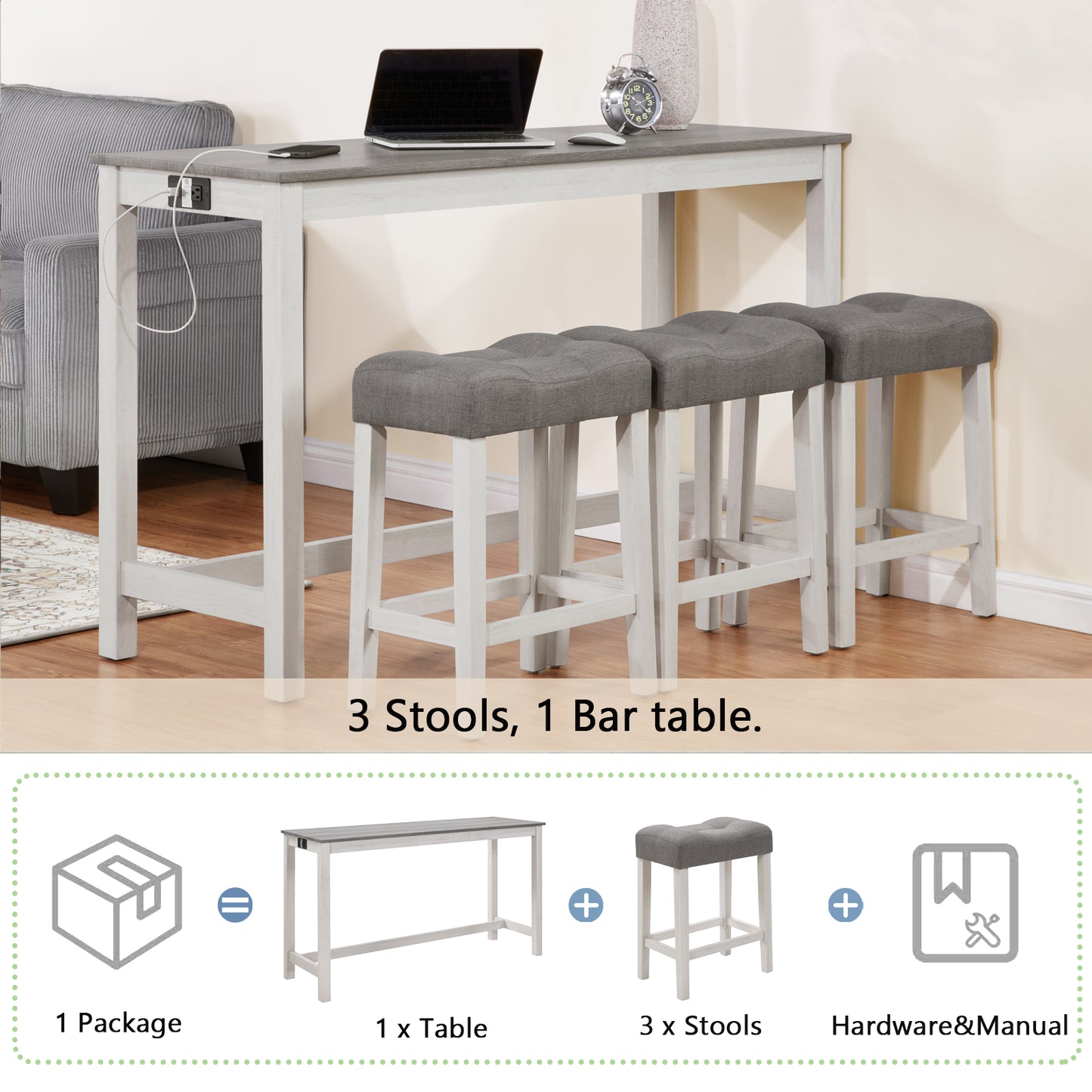 Bar Table Set with Power Outlet & 3 Padded Stools - Grey & White