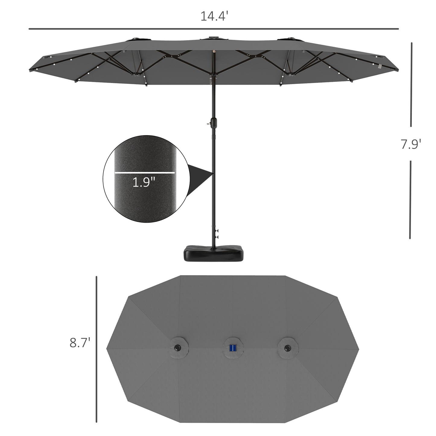 14.4ft Double-Sided Garden Parasol with Solar LED Lights - Gray