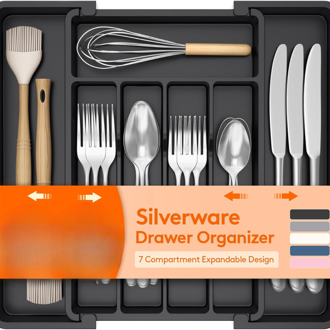 Expandable Plastic Silverware Organizer - 7 Compartment Utensil Tray