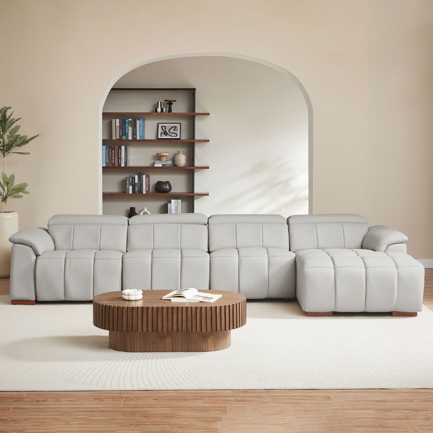 Modern 4-Seater Reclining Sofa - Light Grey Genuine Leather