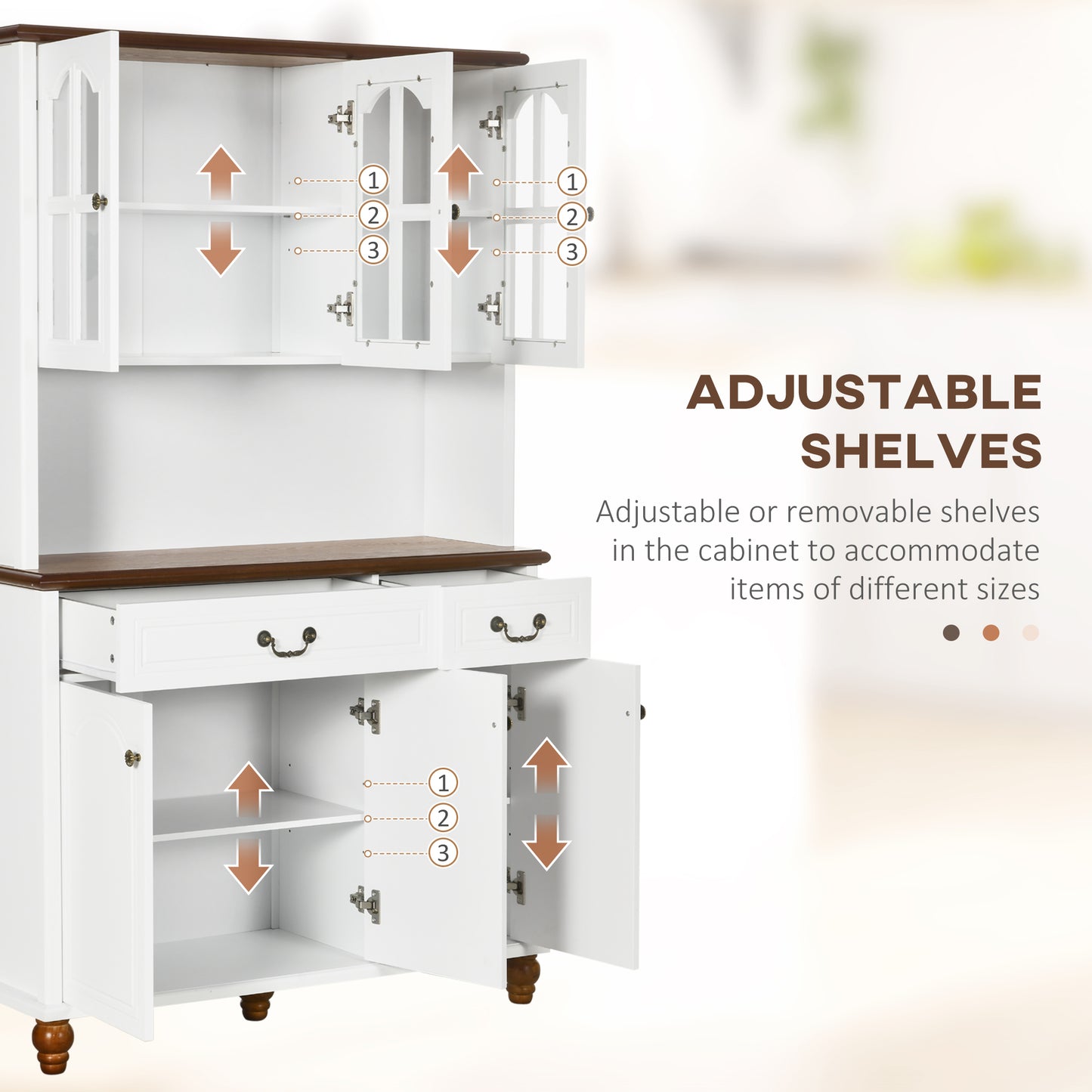 Freestanding Kitchen Buffet with Hutch - White Cabinet & Adjustable Shelves