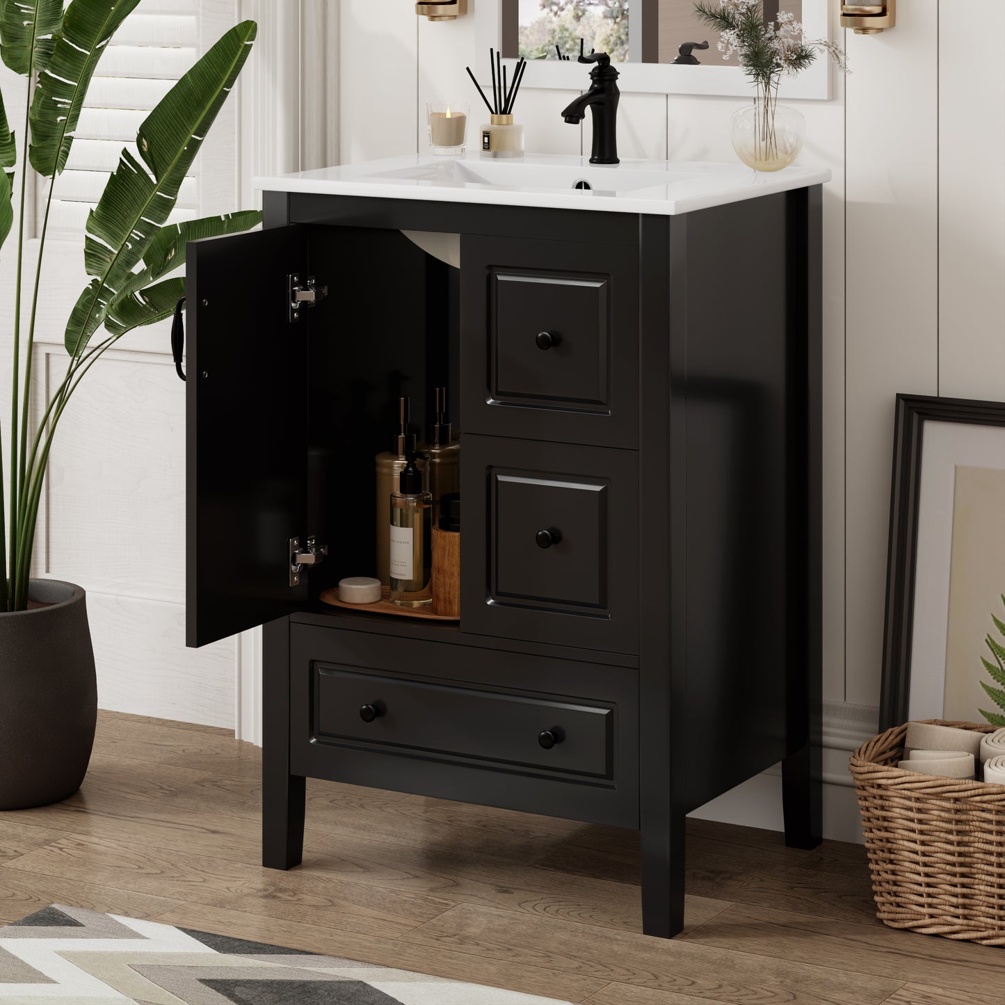 24 Inch Bathroom Vanity with Sink & Soft-Closing Drawers - Black