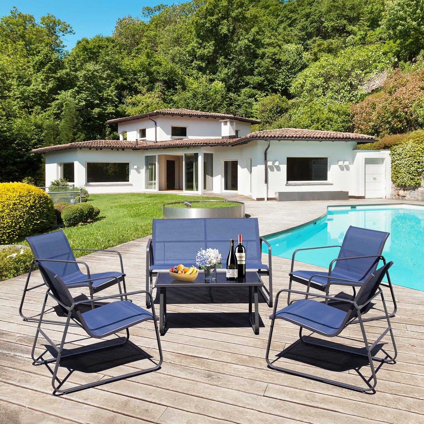 Outdoor Courtyard Furniture Set with Table - 4 Black Chairs