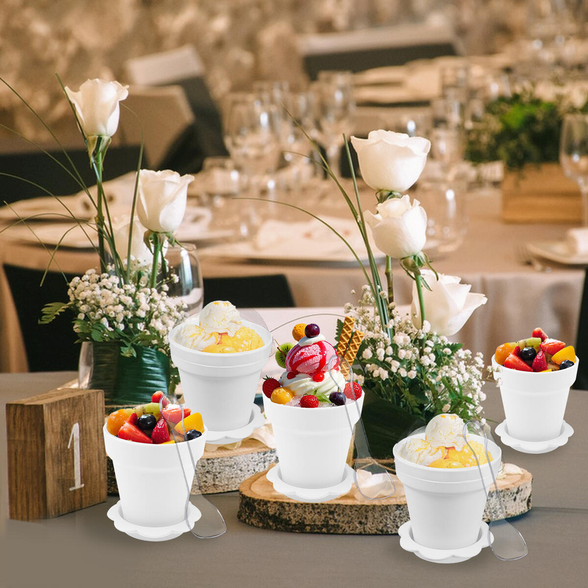 40 Pcs White Flowerpot Dessert Cups with Lids & Spoons