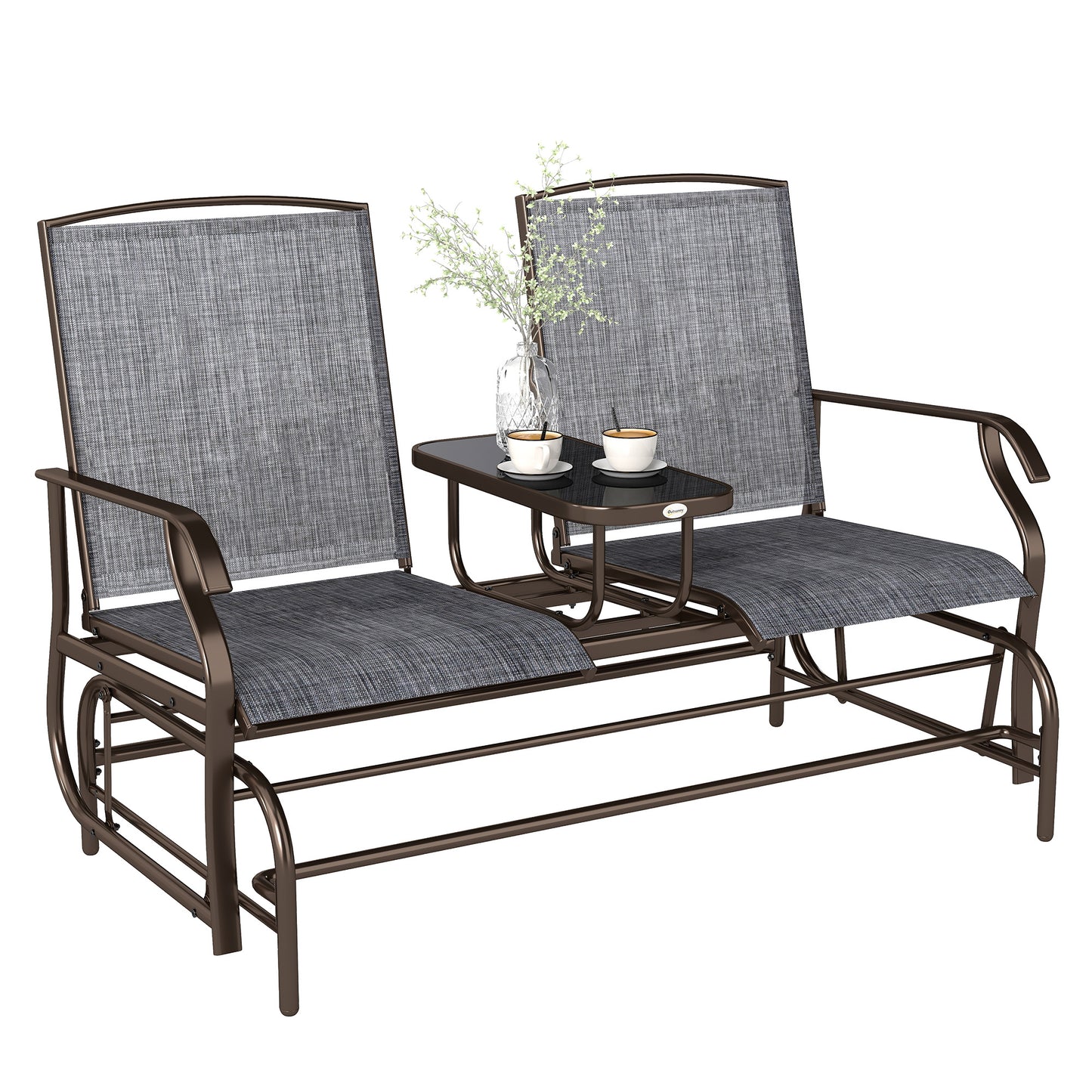 2-Seat Outdoor Glider Swing with Center Coffee Table - Brown