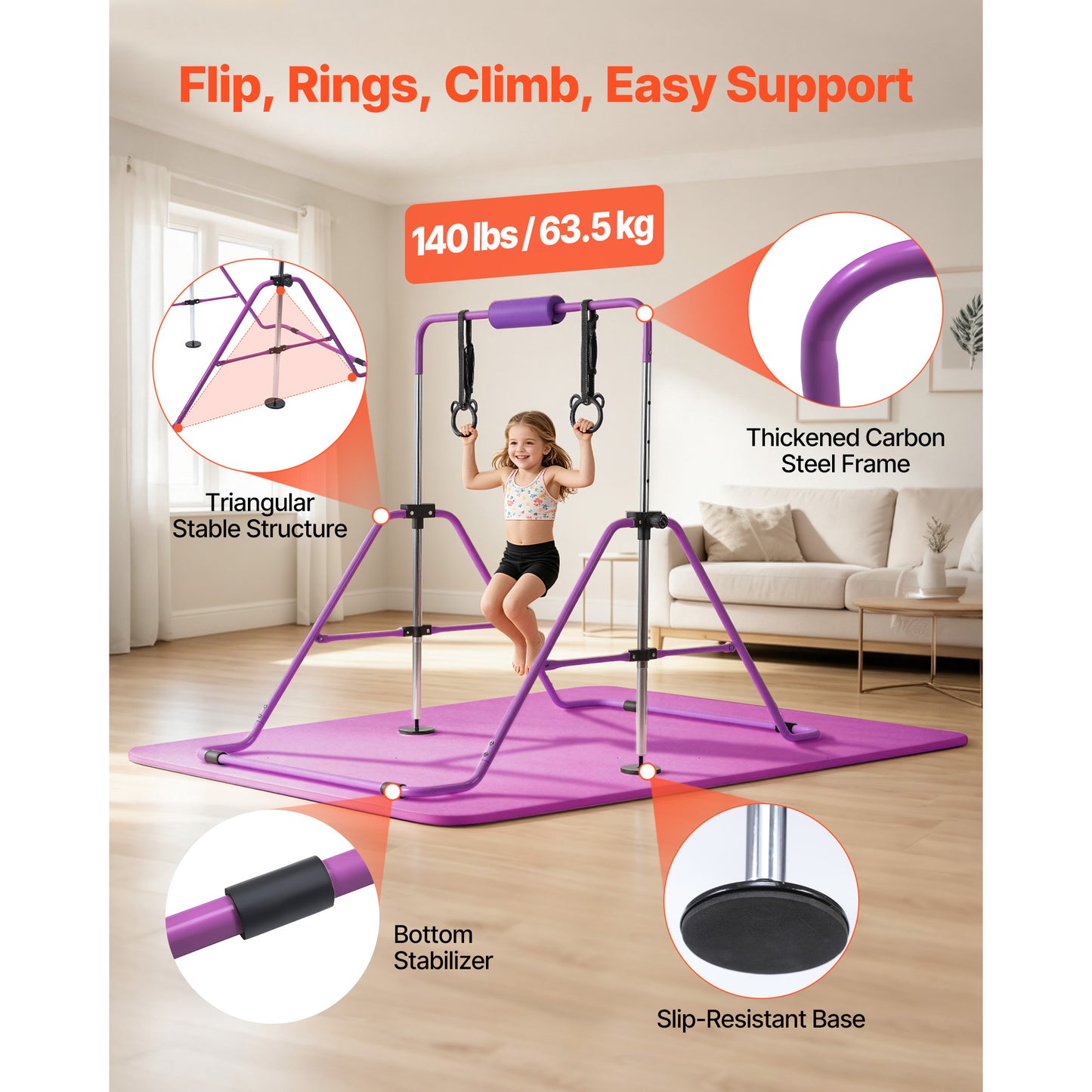Kids Gymnastics Bars - Adjustable Height Folding Kip Bar with Mat, Indoor Outdoor Training Equipment, Purple