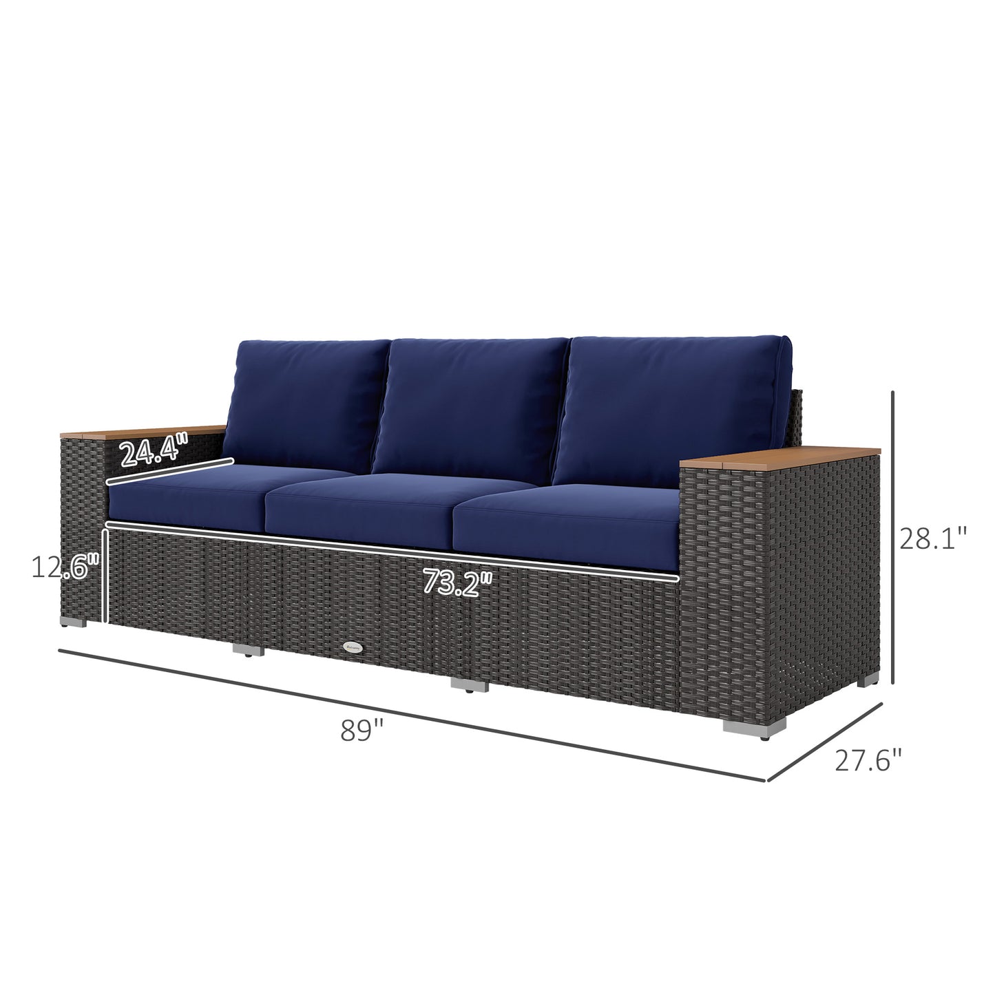 3-Seat Outdoor Patio Sofa - Navy Blue PE Wicker Couch with Cushions