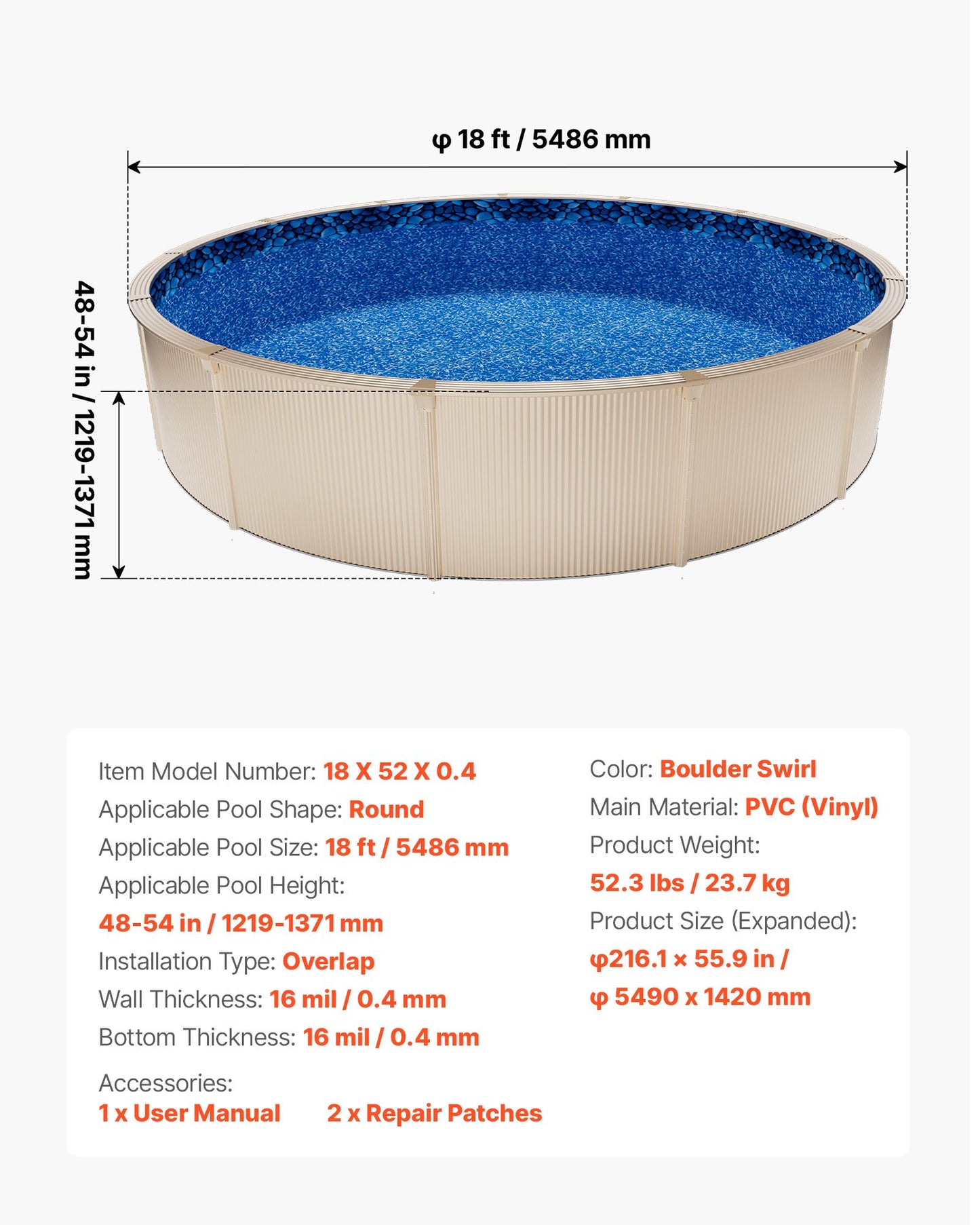 18ft Round Pool Liner for Above-Ground Steel Sided Pools - Premium Vinyl, Black