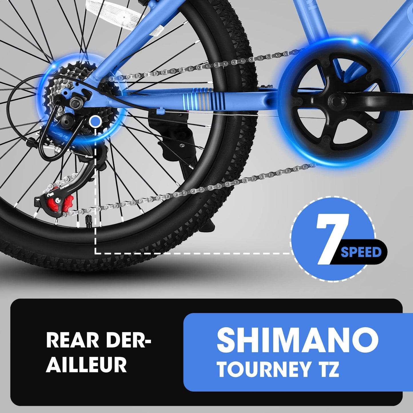20 Inch Kids' Mountain Bike - 7 Speed, Front Suspension, Blue