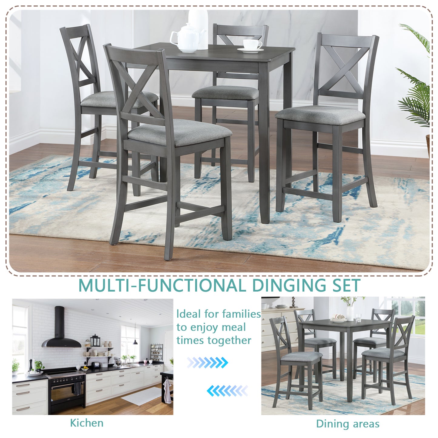 5-Piece Counter Height Dining Table Set with 4 Upholstered Chairs - Gray
