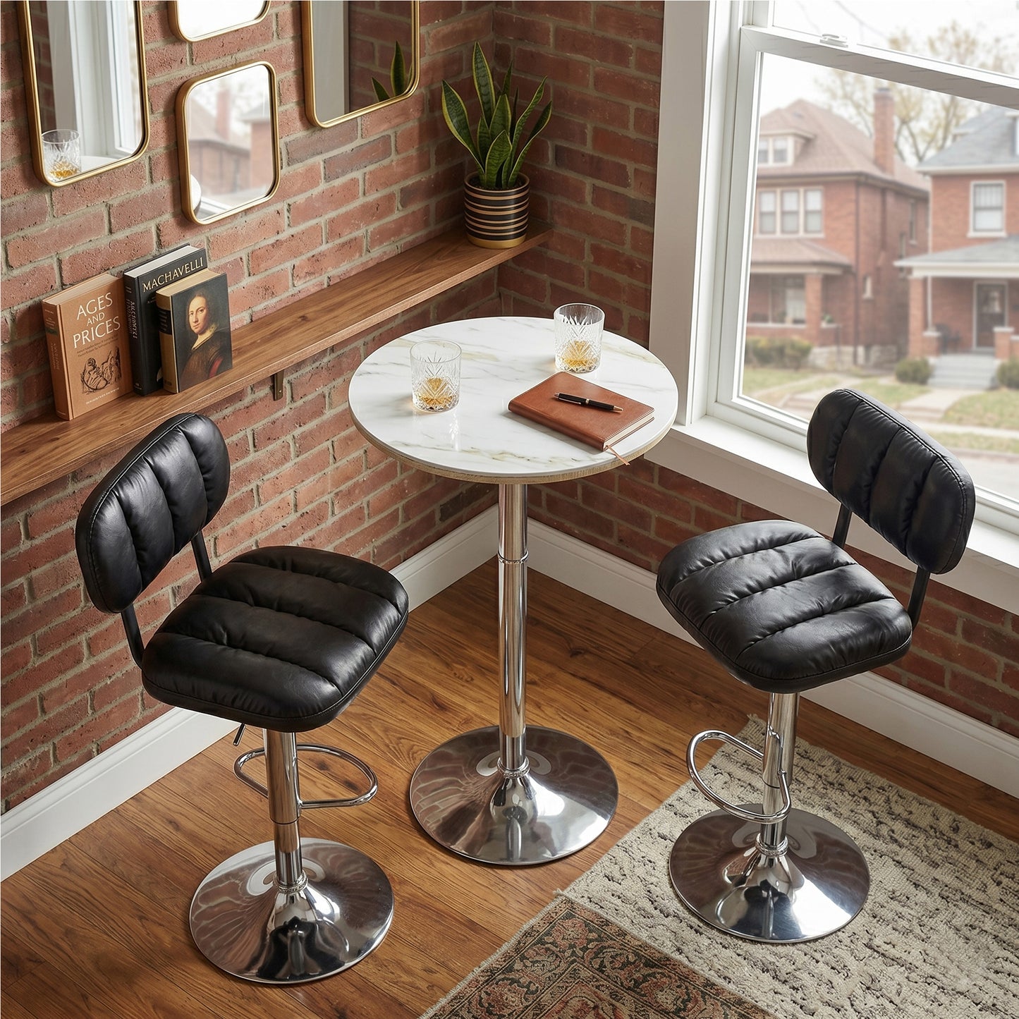 Set Of 2 Adjustable Height Bar Stools, Black PU Leather Upholstered