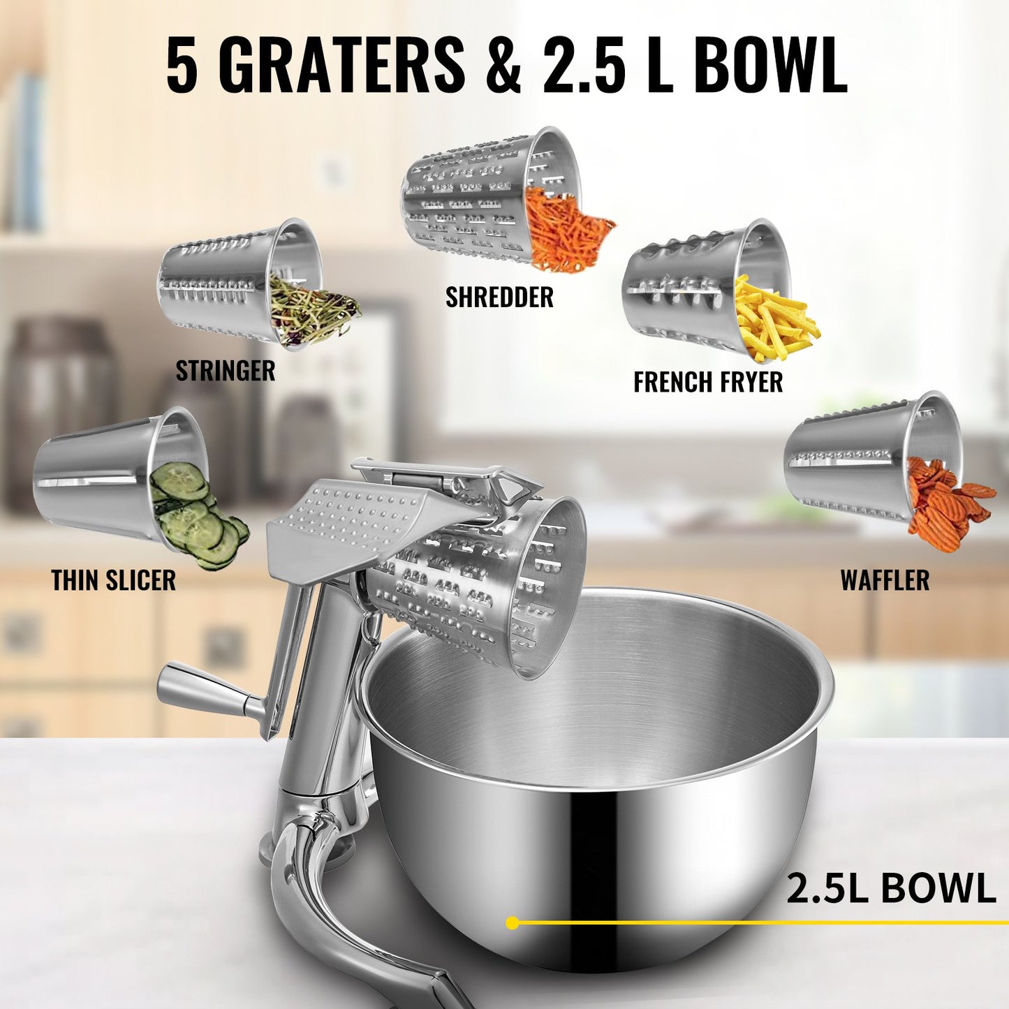 Manual Rotary Cheese & Vegetable Grater with 5 Stainless Steel Cones & Large Bowl
