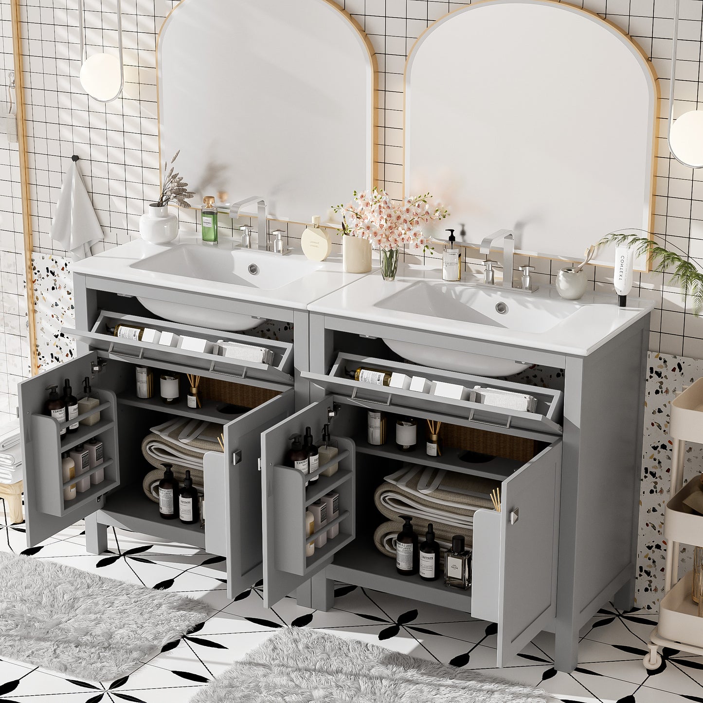 60" Modern Gray Bathroom Vanity Set with Double Sinks & Storage