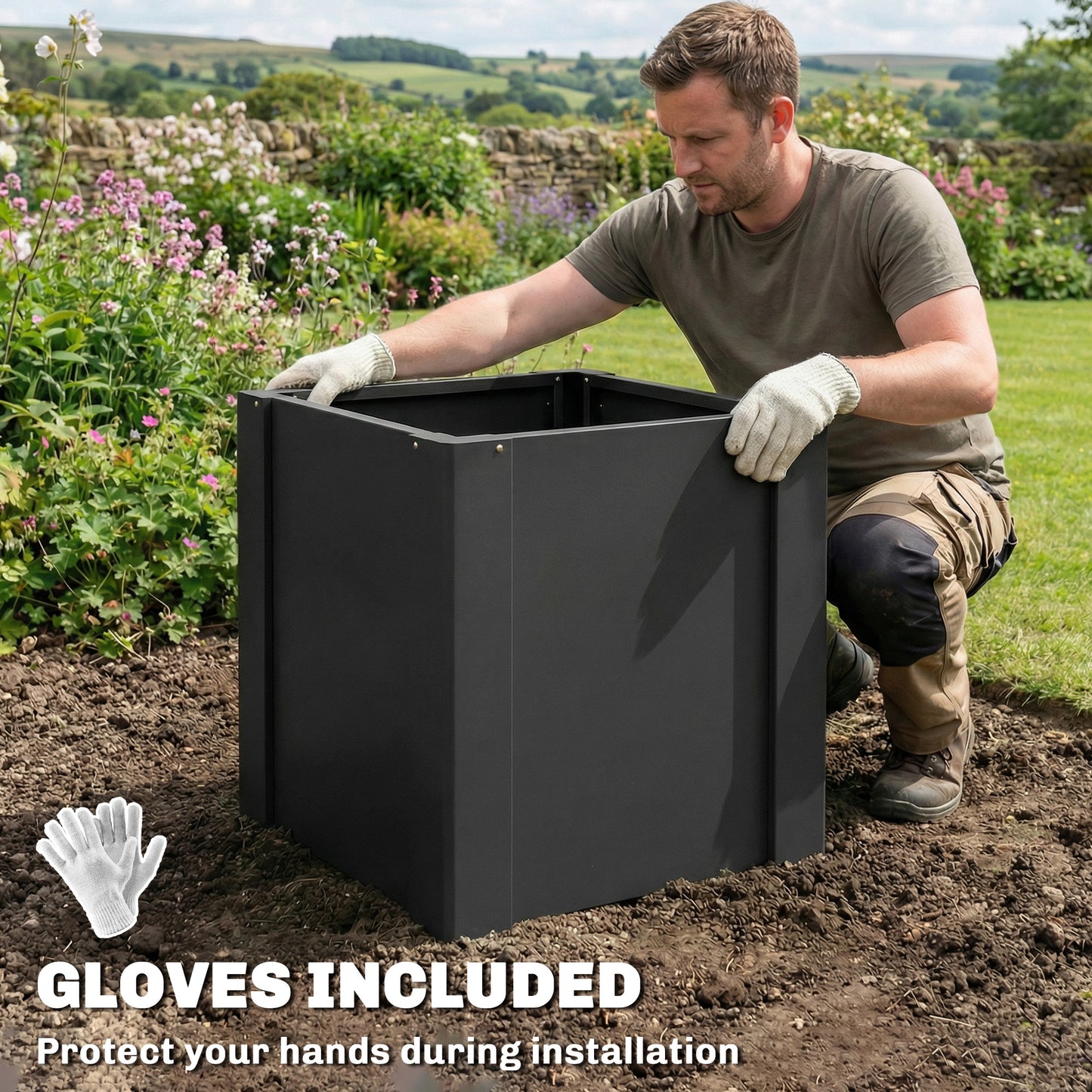Galvanized Steel Raised Garden Bed with Gloves - Outdoor Planter Box 1.4x1.4x1.5 ft Black