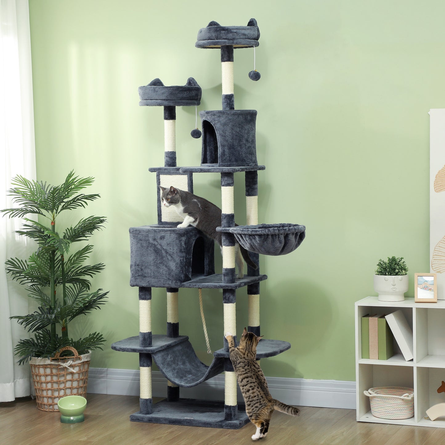 Large Cat Tree Tower with Scratch Posts, Condos, Hammocks & Toys - Gray