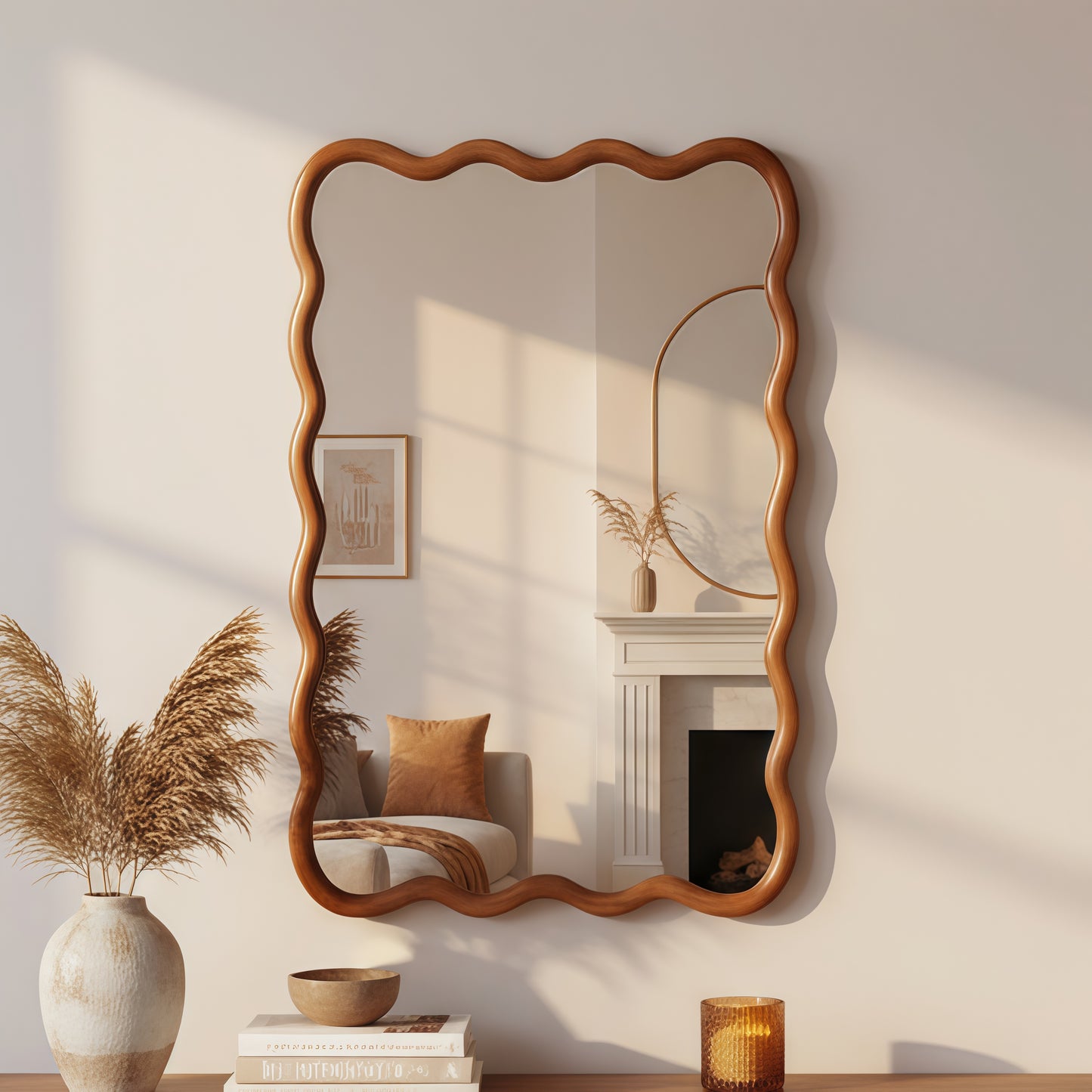 Wavy Rectangle Solid Wood Frame Decorative Mirror - Yellow Brown 24x36