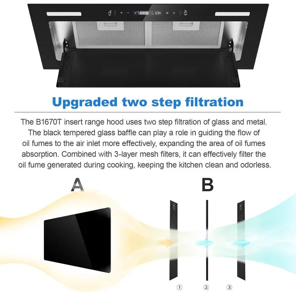 30 Inch Range Hood Insert 800 CFM Black Glass Vent Fan with Gesture Touch Control