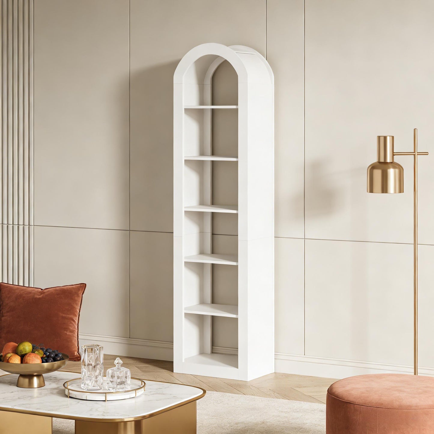 Arched Open Display Shelf - 6-Tier Bookcase in White