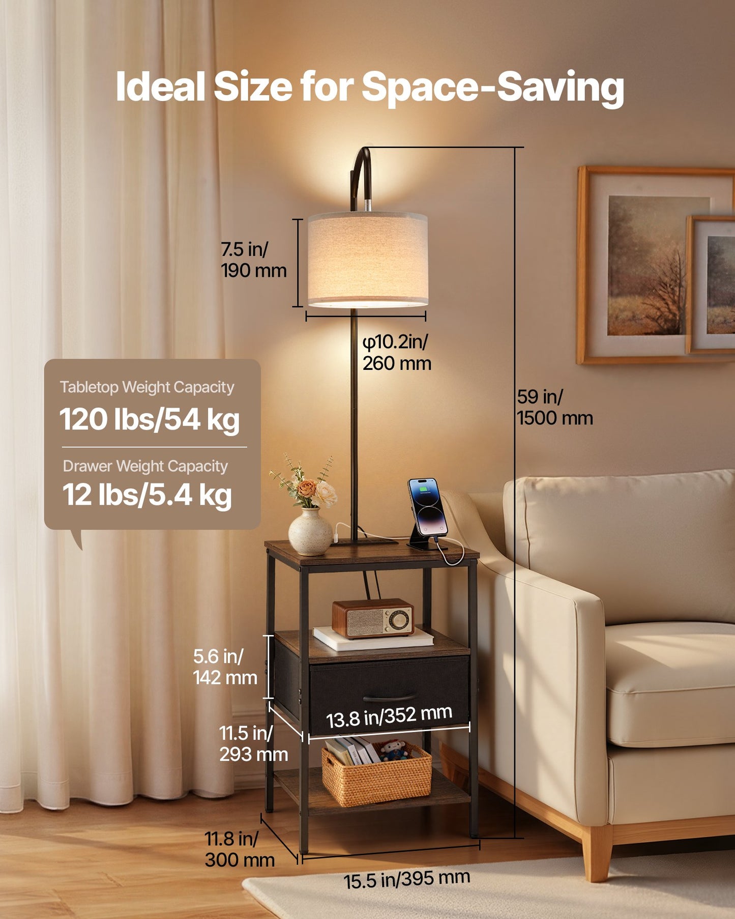 Floor Lamp with 3-Tier End Table, USB & Charging Ports, Modern Nightstand - Black