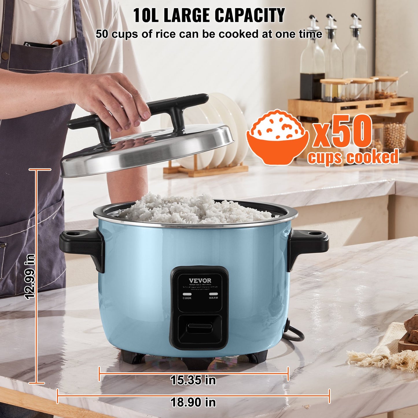 50-Cup Commercial Rice Cooker 10L Non-Stick Pot for Restaurant & Home Use - Blue