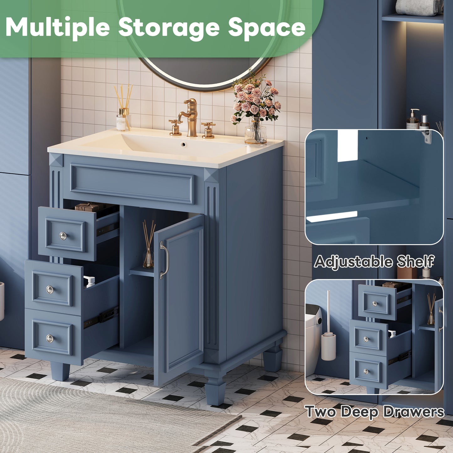24 Bathroom Vanity With Ceramic Sink, Small Sink Cabinet, Modern