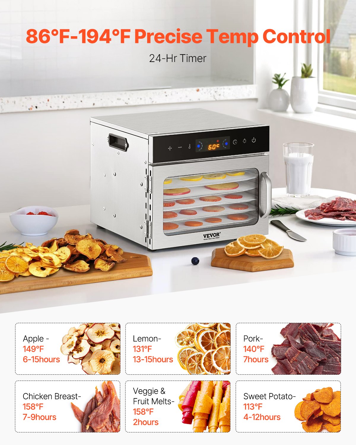 Food Dehydrator Machine with 6 Stainless Steel Trays 400W Large Capacity