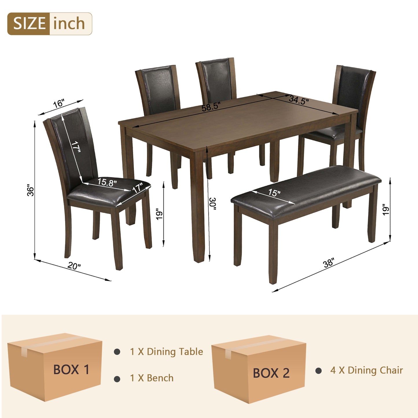 6-Piece Farmhouse Dining Table Set with Bench & Chairs - Dark Walnut