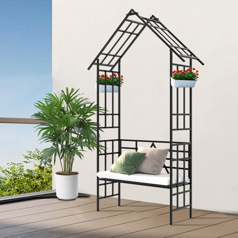 Metal Garden Arch with Convertible Bench and Flower Rack Support - Outdoor Black