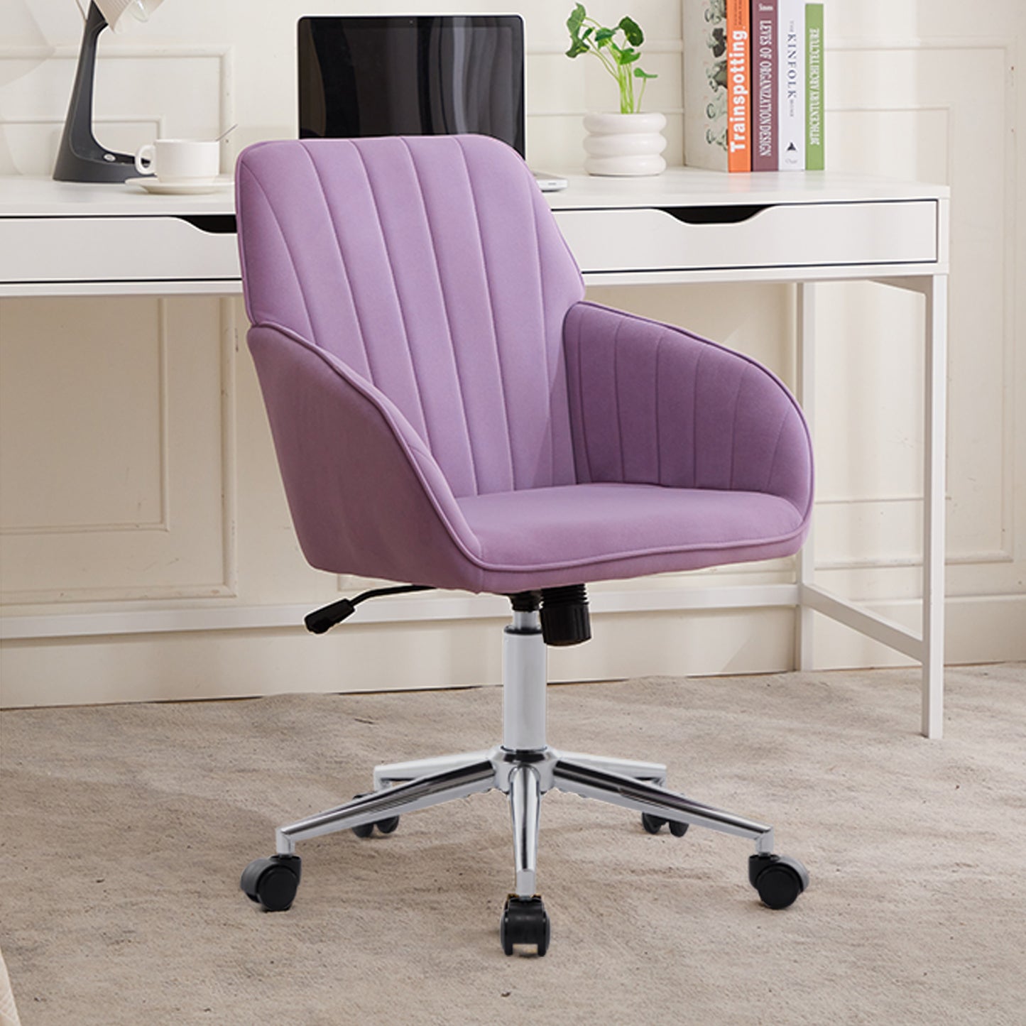 Ergonomic Adjustable Office Chair - Lilac Velvet Swivel Seat