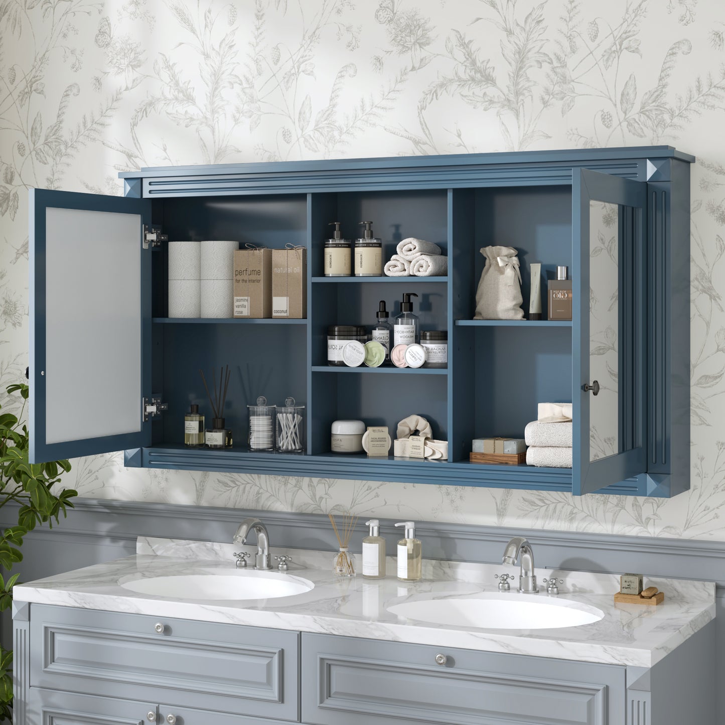 55 Inch Wall-Mount 2-in-1 Mirror Cabinet With Adjustable Shelves,