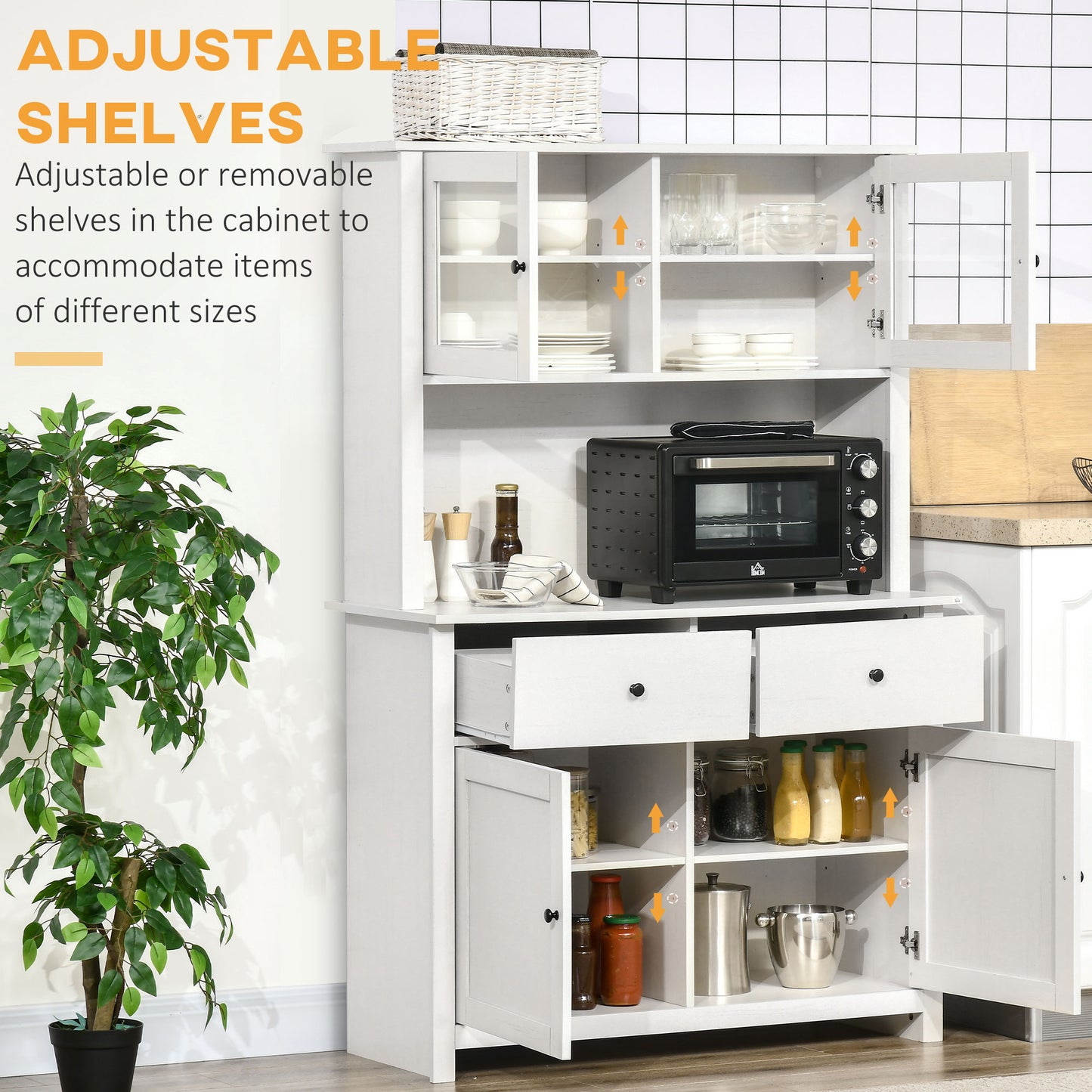 63.5" Kitchen Buffet with Hutch, Pantry Storage Cabinet 4 Shelves,