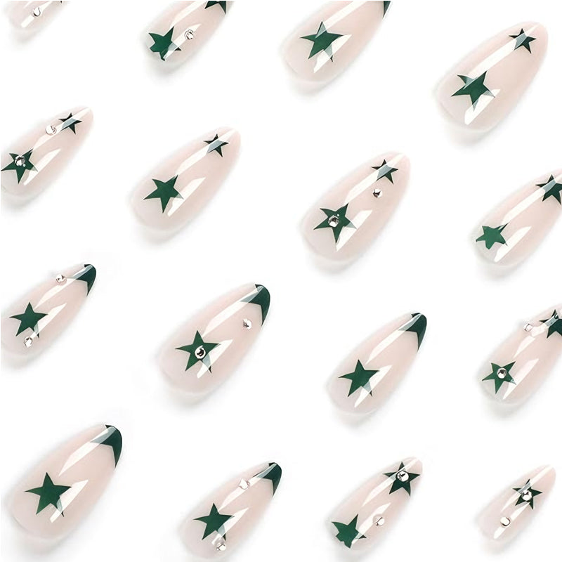 Long Press-On Nail Tips - Green Star Design, 24 Piece Set