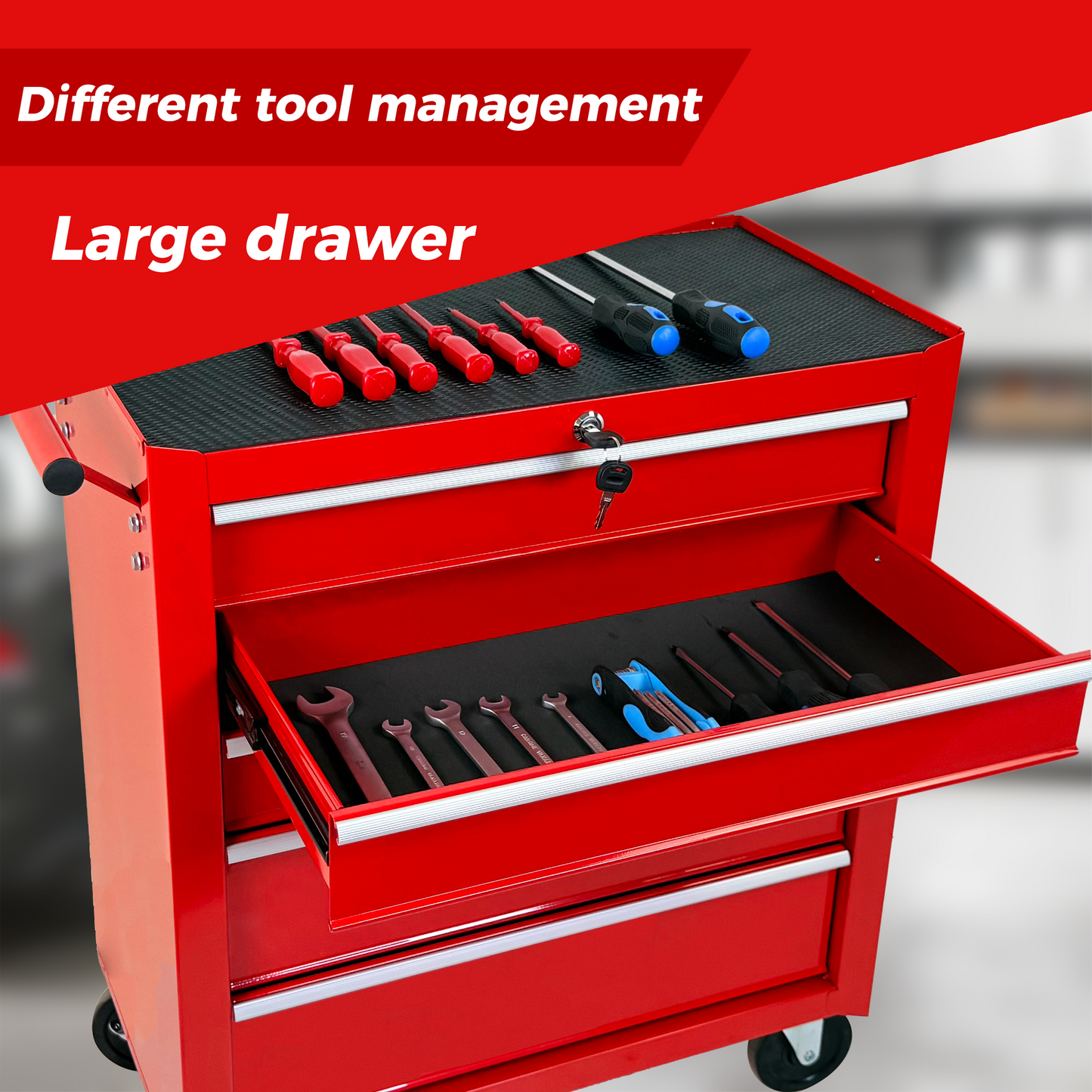 5-Drawer Rolling Tool Chest with Lock & Key, Steel Storage Cabinet, Red