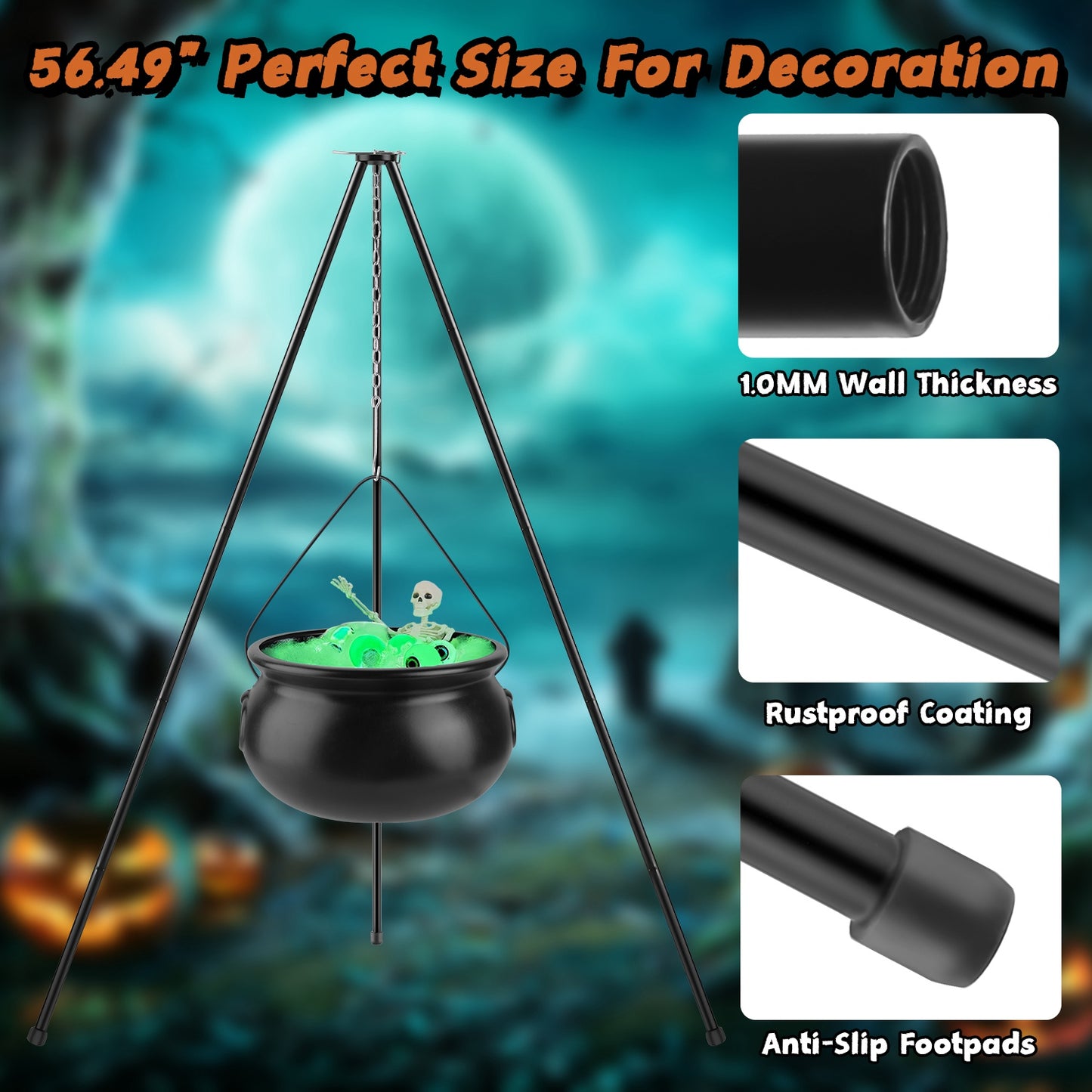 Halloween Witch Cauldron Decoration Set with Tripod & String Lights