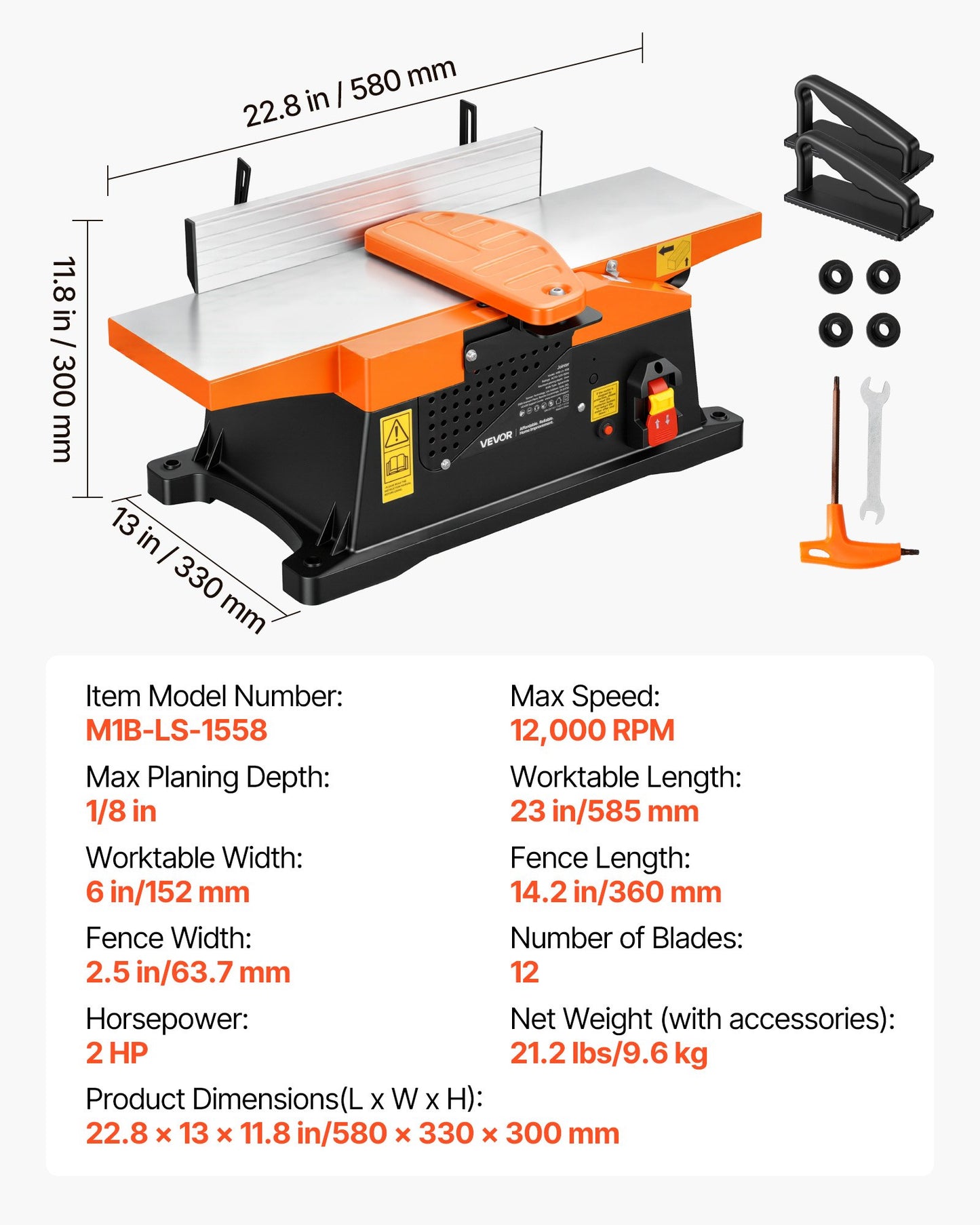 Benchtop Wood Jointer 6 Inch, 2 HP Spiral Cutterhead, Adjustable Fence, Compact Design