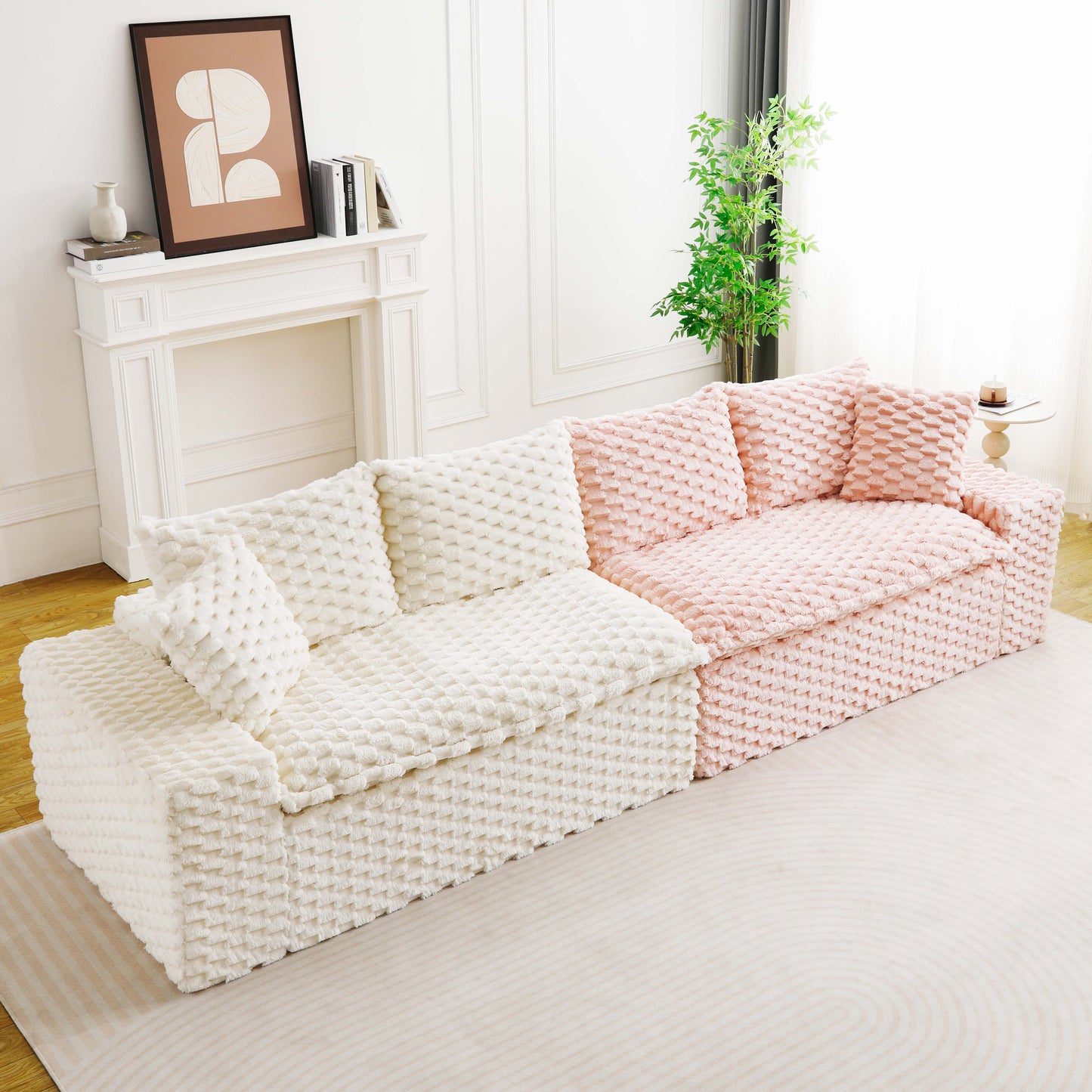 Luxury Pink & White Velvet Multifunctional Sofa - 4-Seater