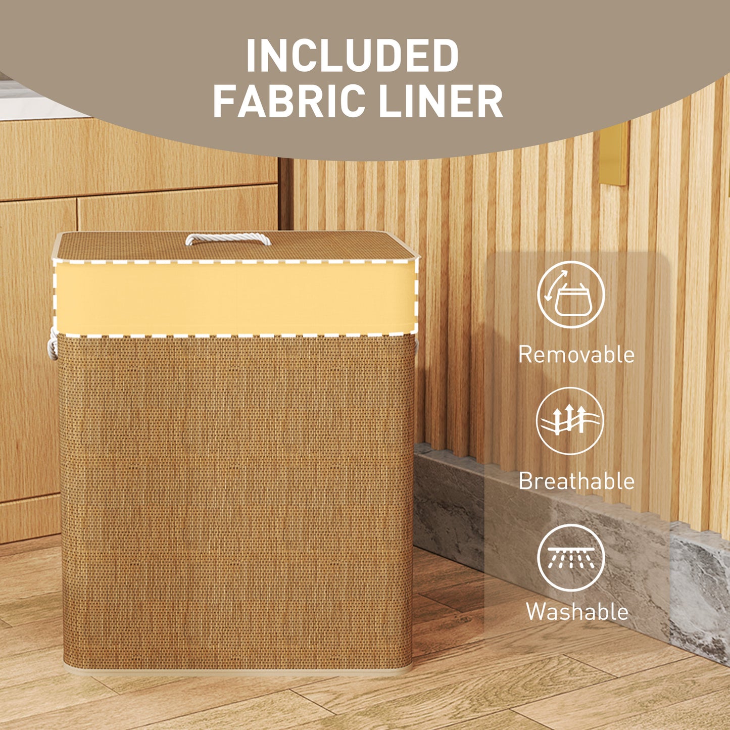 Double Laundry Basket With Lid, 26.4 Gallon Bamboo Hamper Rope