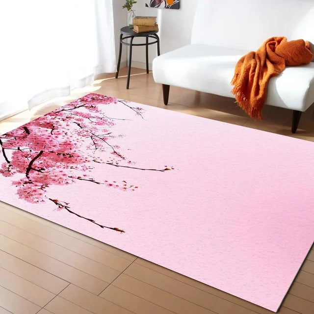 Pastel Cherry Blossom and Crescent Moon Non-Slip Flannel Floor Mat - Home Rug