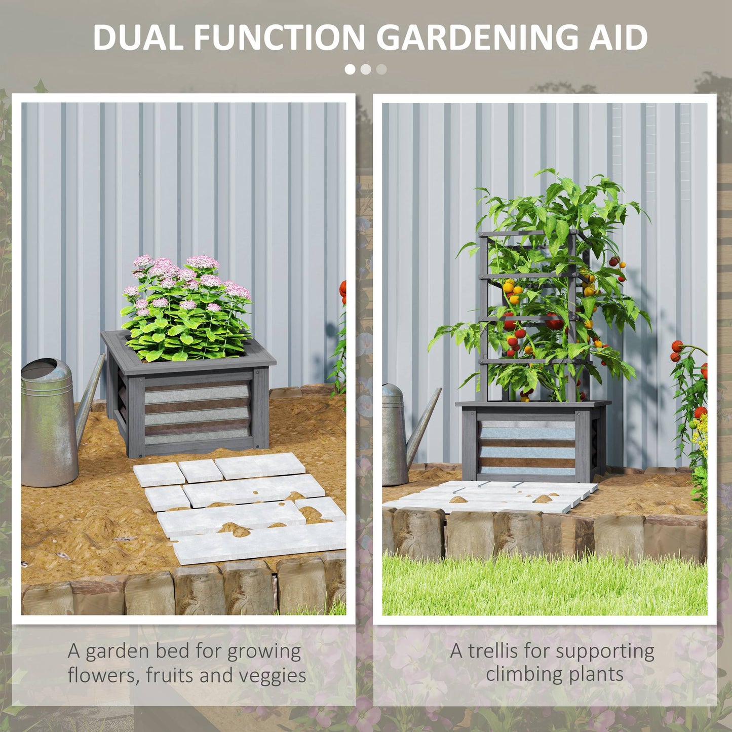 Wooden Raised Garden Bed with Trellis - Elevated Planter Box for Vegetables & Climbing Plants, Gray 550x330x135 mm