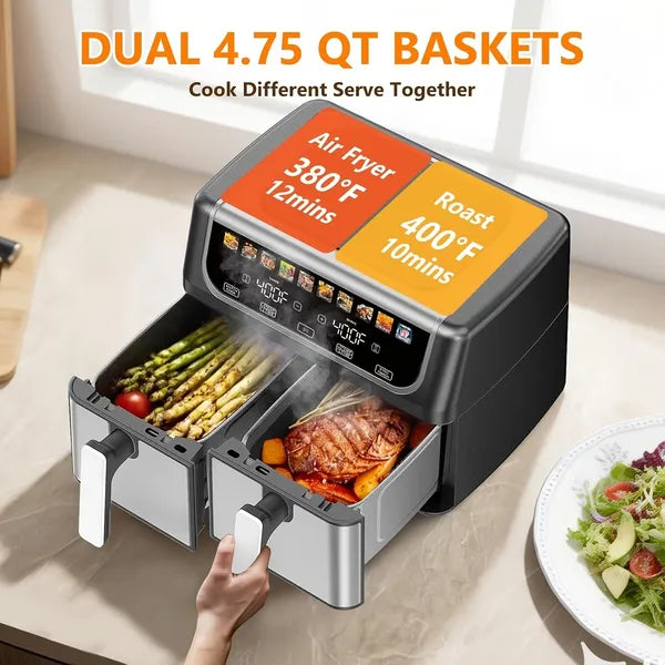 Large 9.5 Quart Dual Basket Air Fryer with 10 Presets, Independent Temp Control, and Shake Reminder - Black