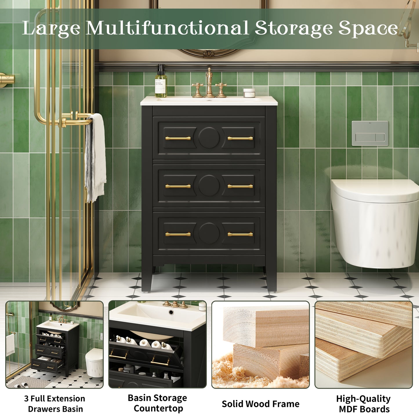 24'' Bathroom Vanity with Ceramic Sink - Black, 3 Drawers