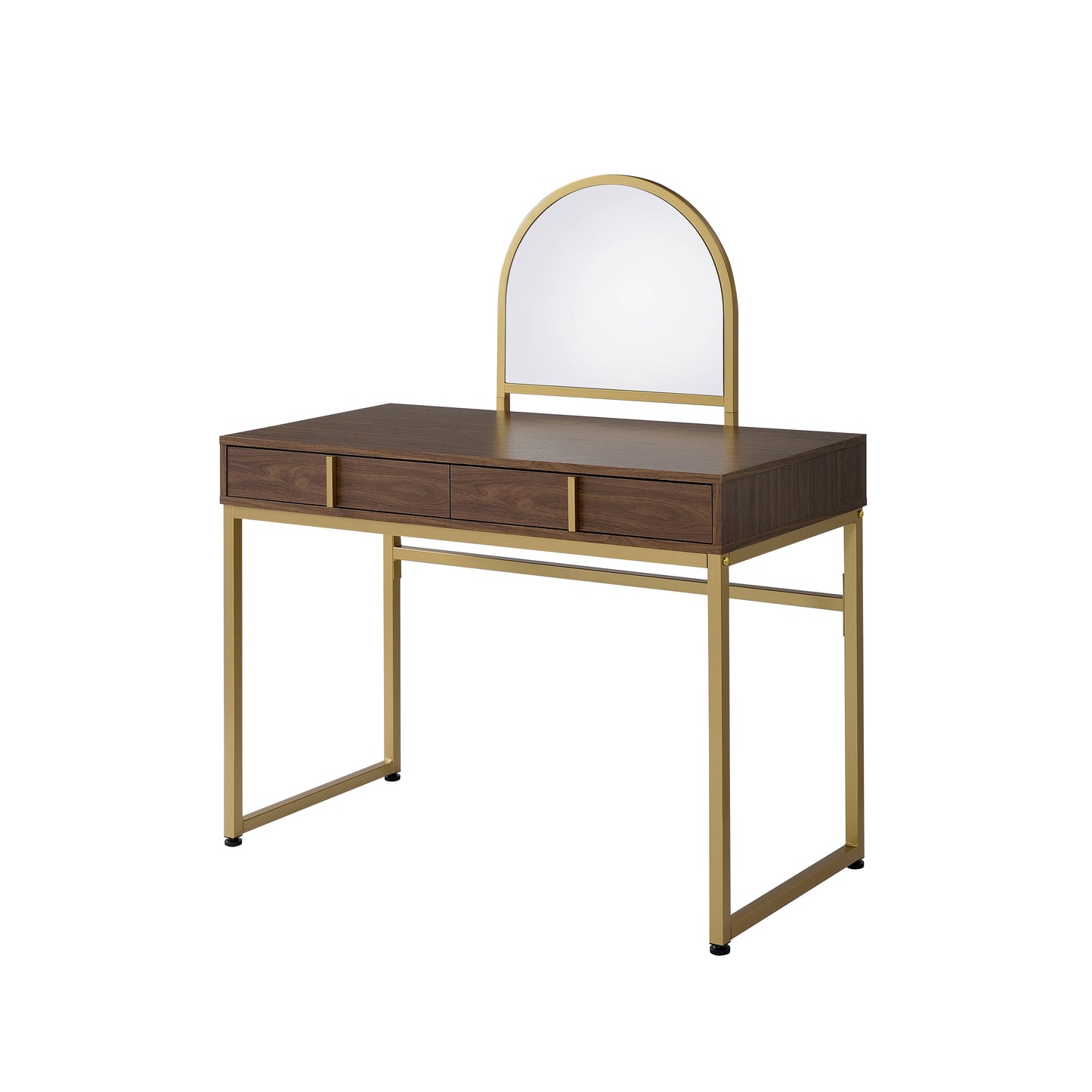 Walnut & Gold Finish Vanity Desk with Mirror & Jewelry Tray